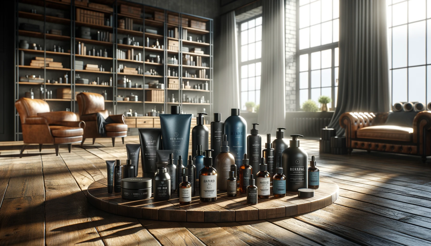 an array of men's skincare products on a round wooden table, complemented by a richly textured masculine environment featuring leather chairs, a bookshelf, and tall windows that let in an abundance of natural light